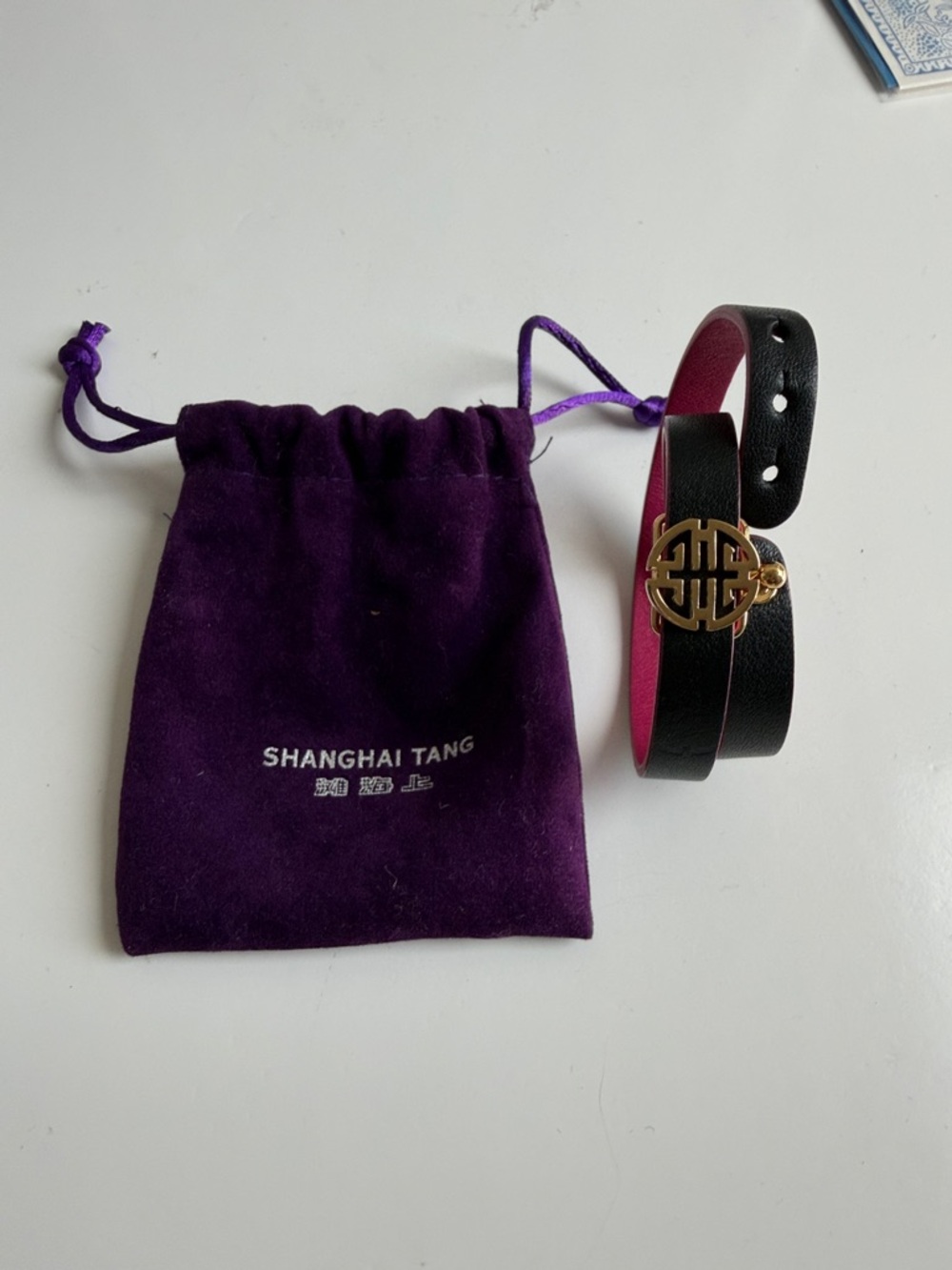 Shanghai Tang Black and Pink Double-Wrap Leather Bracelet with Gold Emblem